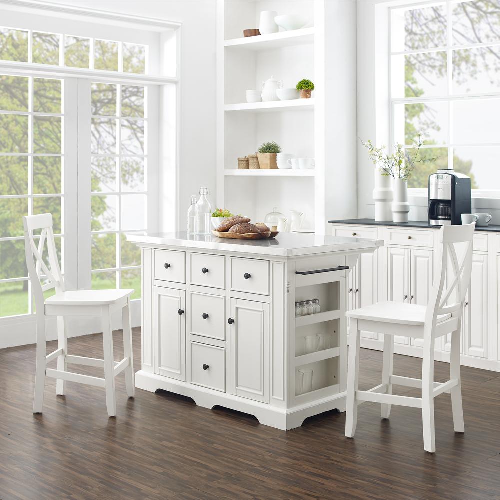 Julia Stainless Steel Top Island W/X-Back Stools – Island & 2 Stools