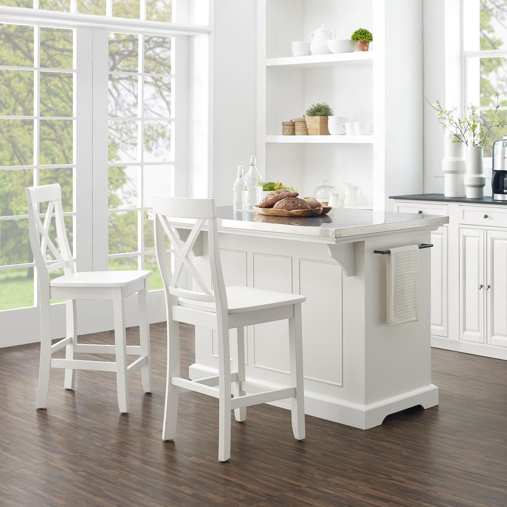Julia Stainless Steel Top Island W/X-Back Stools – Island & 2 Stools