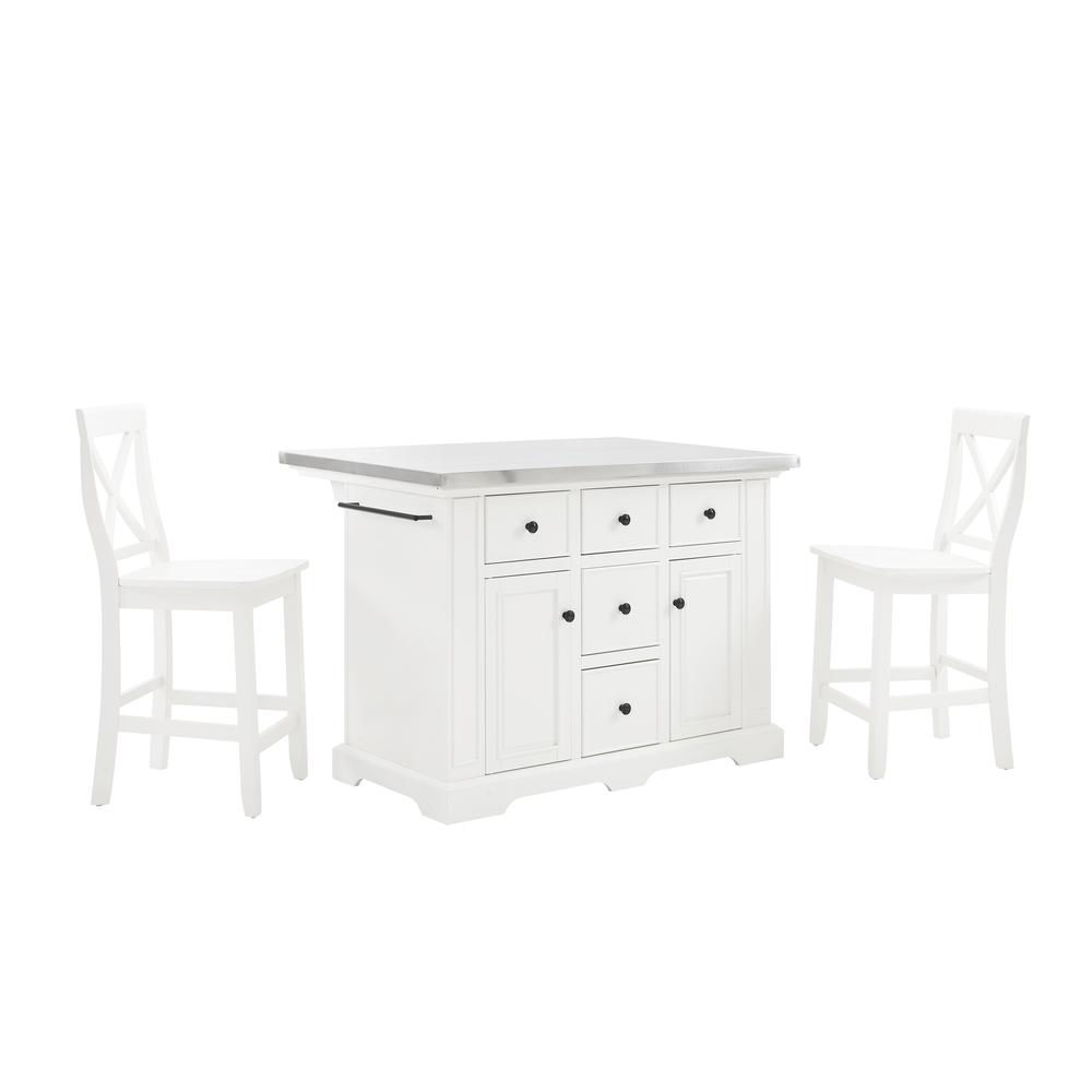 Julia Stainless Steel Top Island W/X-Back Stools – Island & 2 Stools