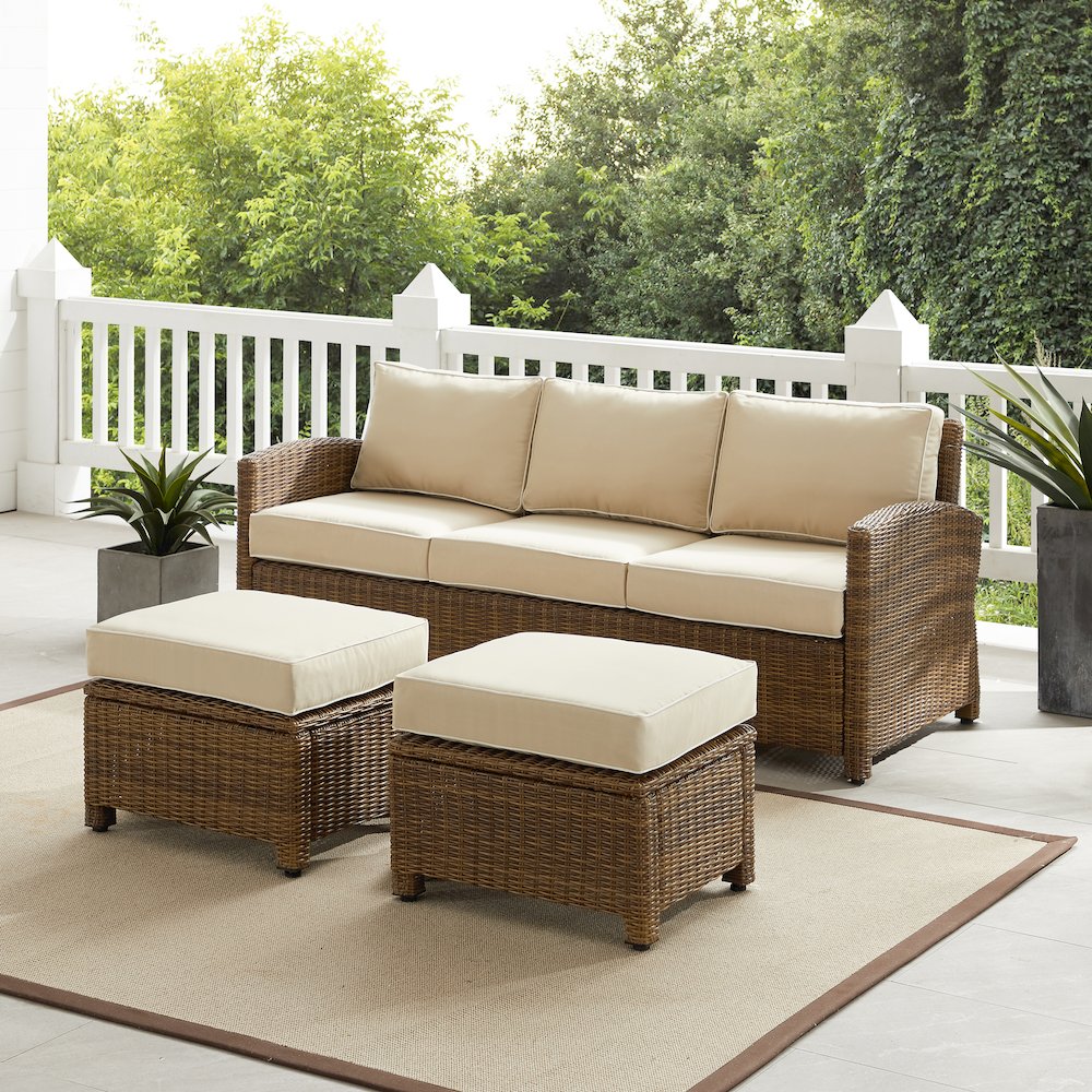 Bradenton 3Pc Wicker Outdoor Sofa Patio Furniture Set – Sofa & 2 Ottomans