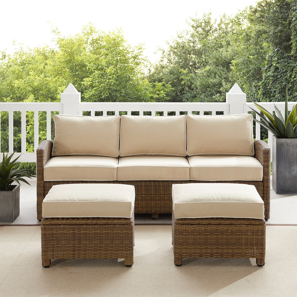 Bradenton 3Pc Wicker Outdoor Sofa Patio Furniture Set – Sofa & 2 Ottomans