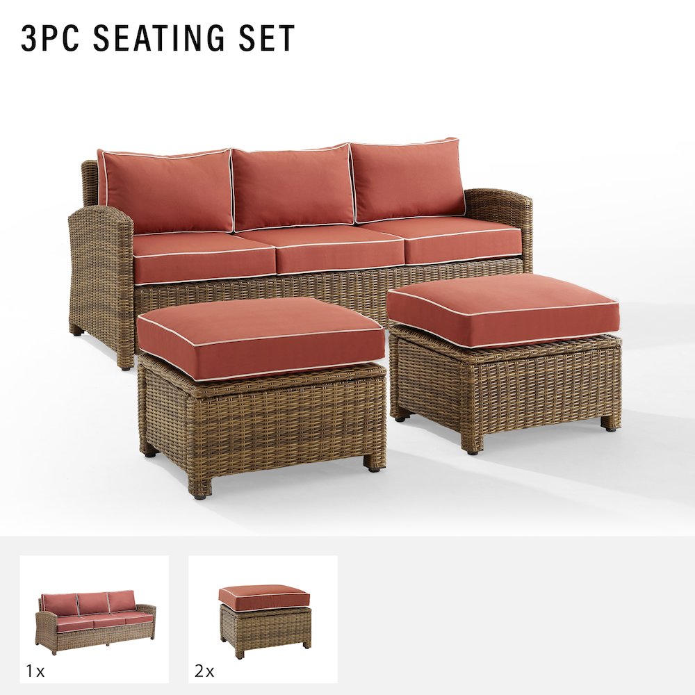 Bradenton 3Pc Wicker Outdoor Sofa Patio Furniture Set – Sofa & 2 Ottomans