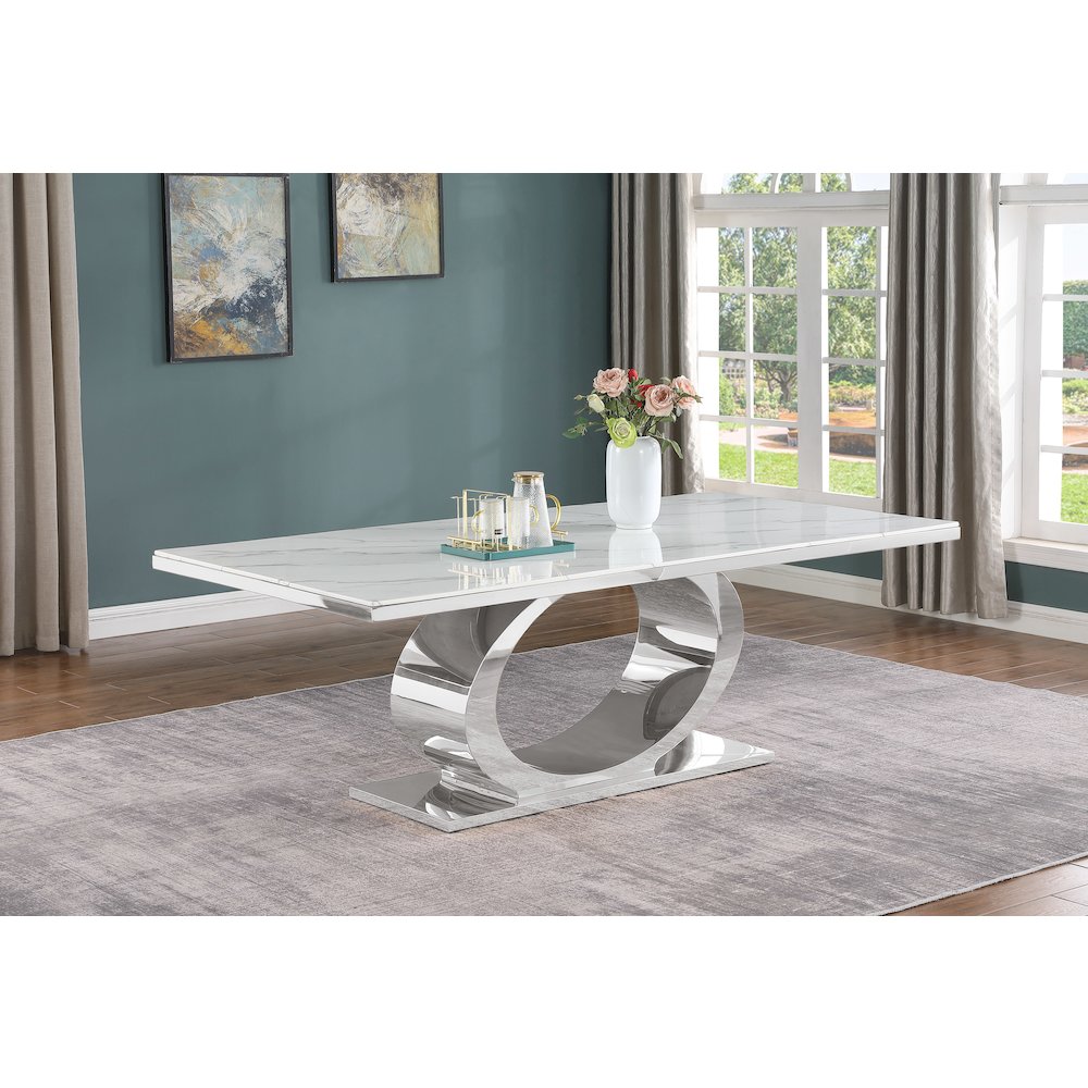 Large 87″ Rectangular marble top dining table with a silver color base