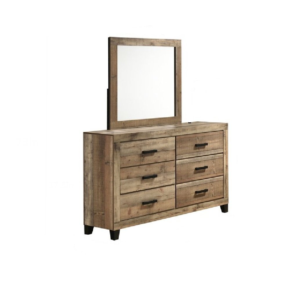 Weathered Brown Pine 6-Drawers Dresser with Mirror