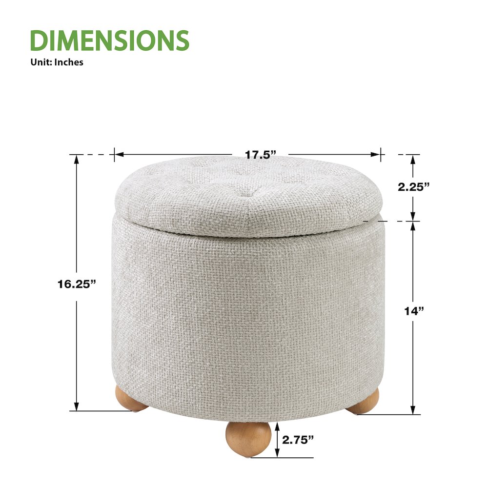 Naomi Storage Ottoman in Cream Fabric with Natural Round Wood Feet