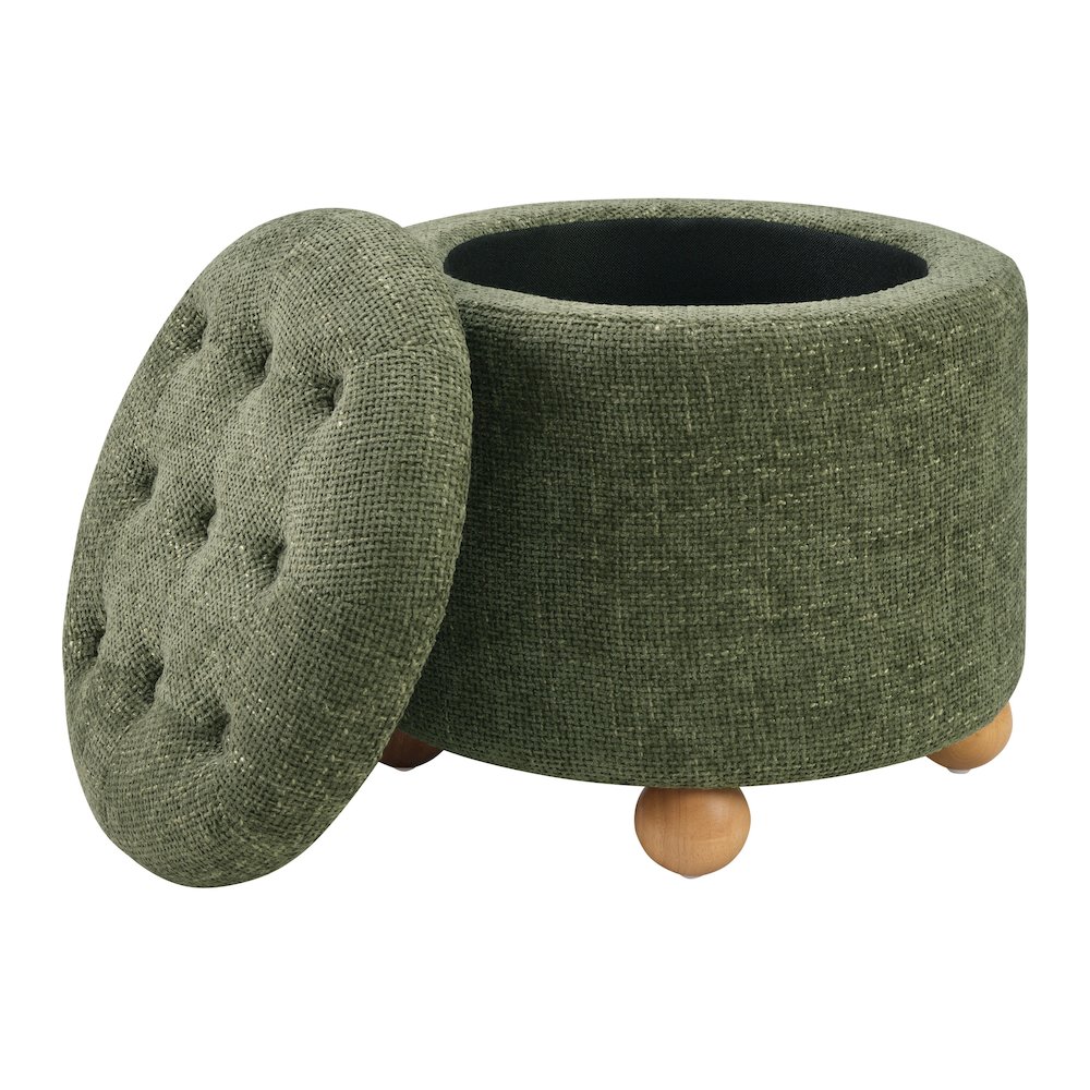 Naomi Storage Ottoman in Green Fabric with Natural Round Wood Feet