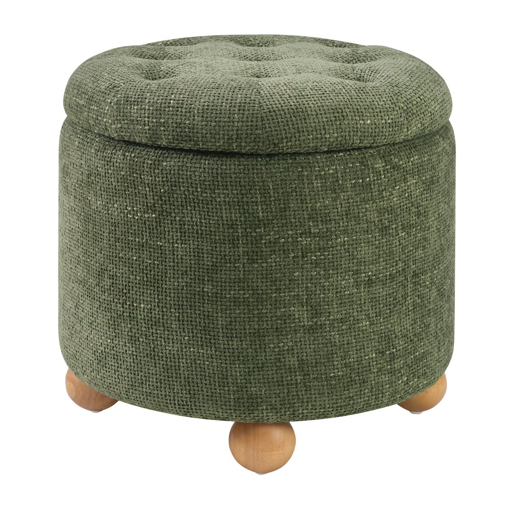 Naomi Storage Ottoman in Green Fabric with Natural Round Wood Feet