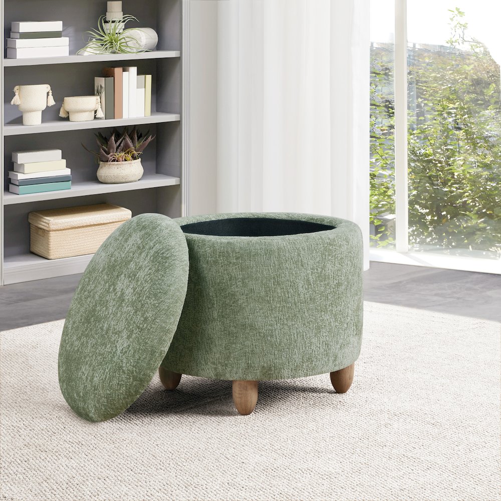 Lyra Storage Ottoman in Spring Green Fabric with Medium Oak Legs