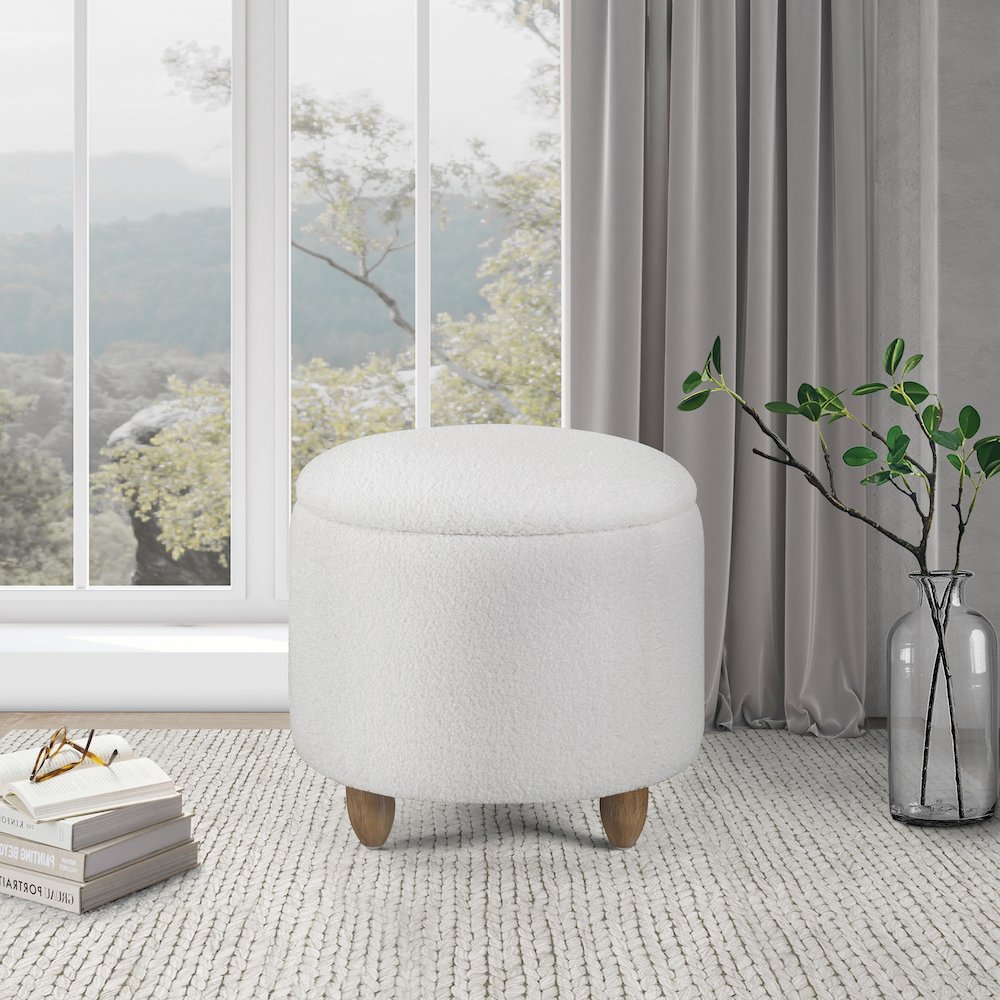 Lyra Storage Ottoman in Ivory Sherpa Fabric with Medium Oak Legs