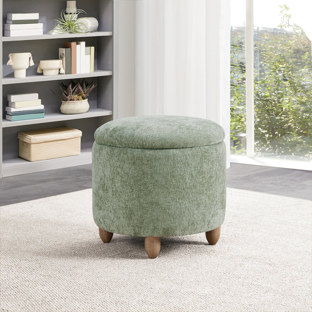 Lyra Storage Ottoman in Spring Green Fabric with Medium Oak Legs