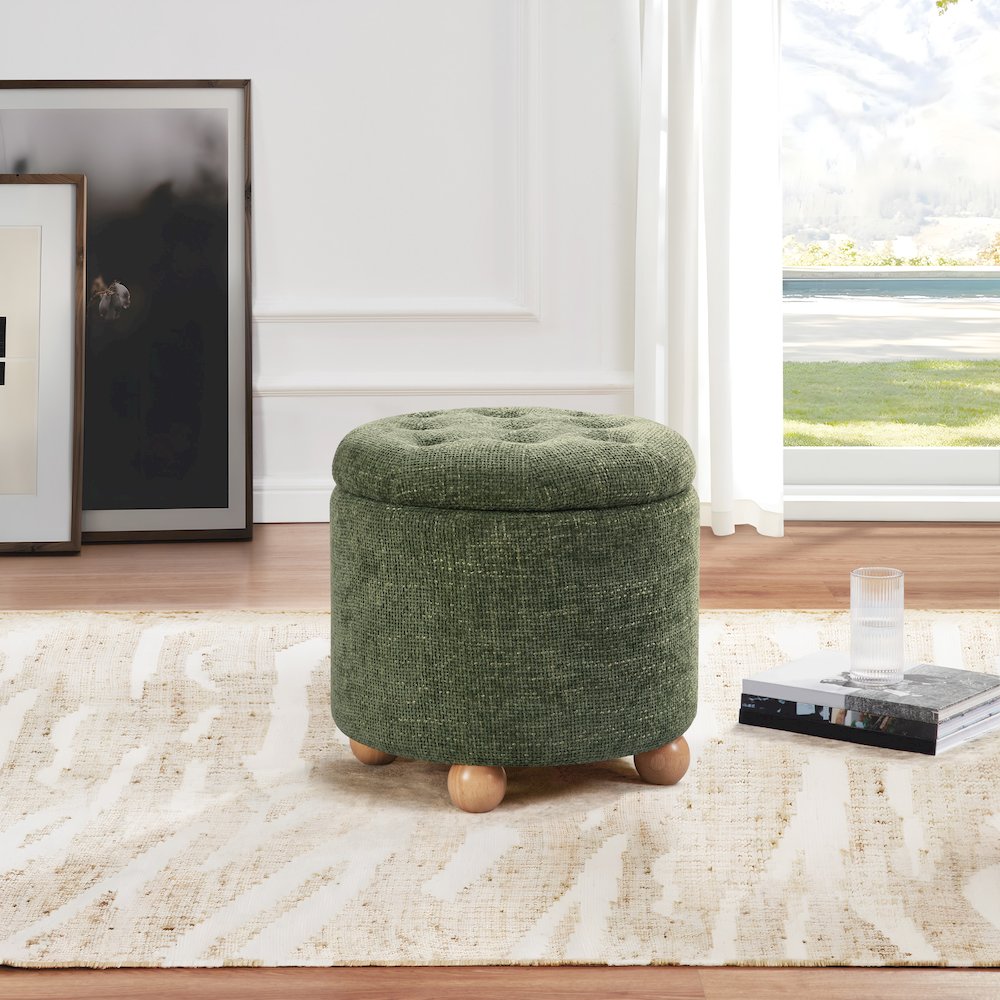 Naomi Storage Ottoman in Green Fabric with Natural Round Wood Feet