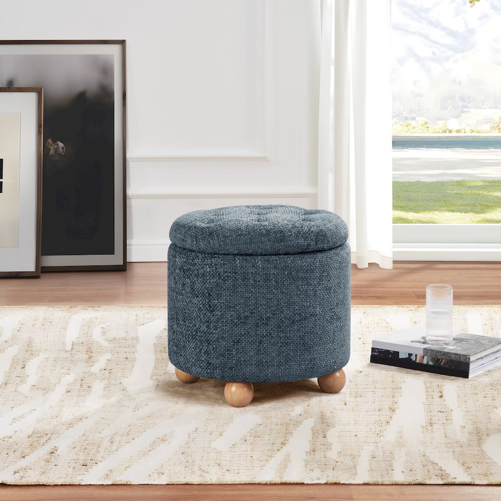 Naomi Storage Ottoman in Blue Fabric with Natural Round Wood Feet