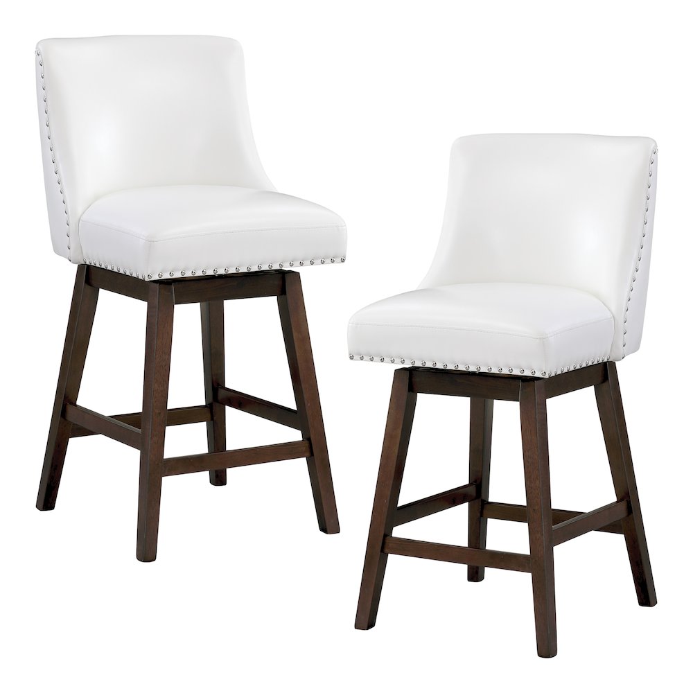 26″ Swivel Counter Stool 2 per Carton White Faux Leather with Dark Walnut Legs