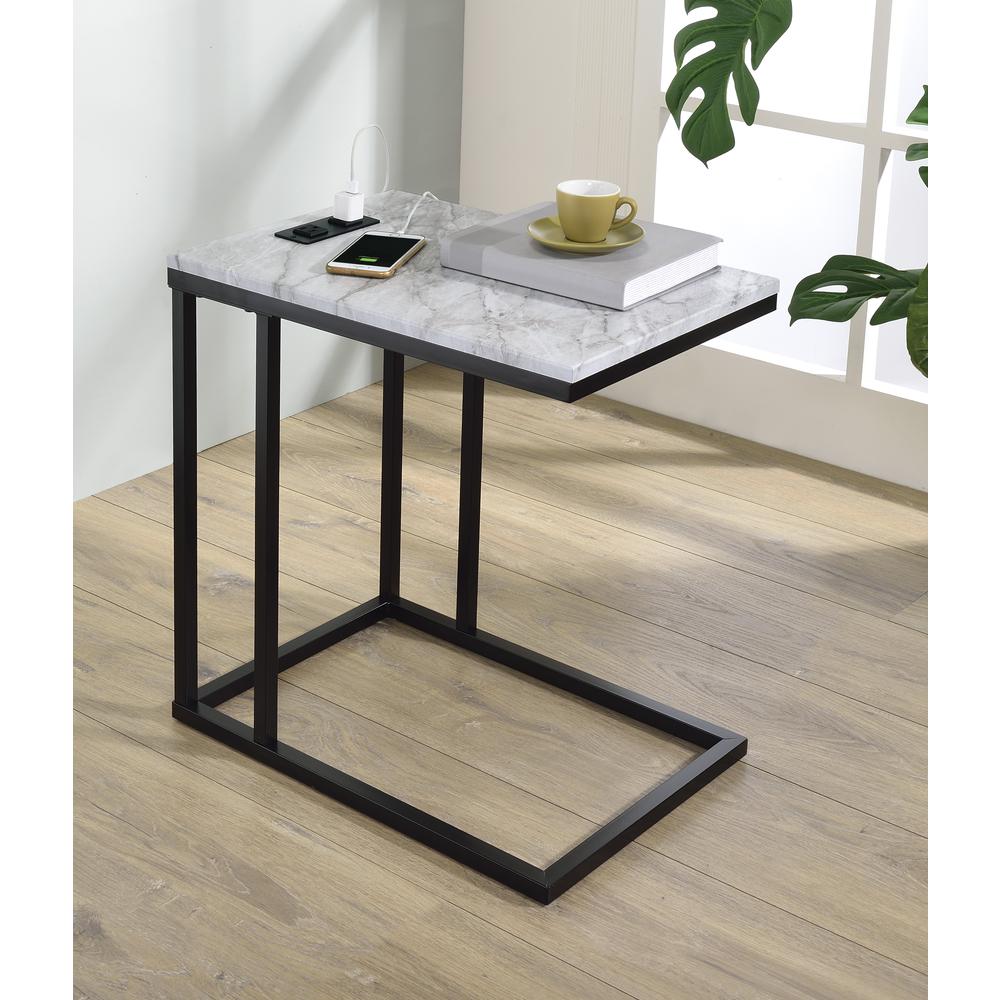 Norwich C-Table with Black Base and White Marble Top Including Built in Power Port
