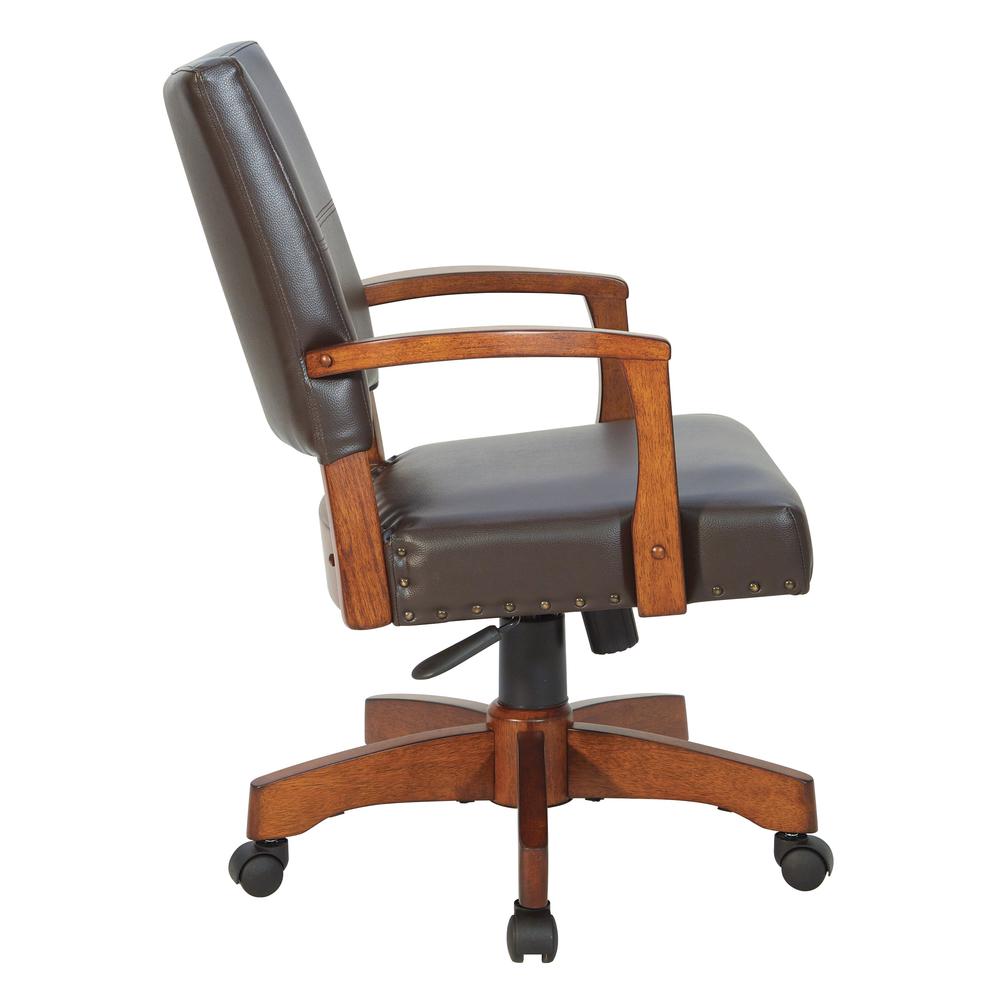 Deluxe Wood Bankers Chair in Espresso Faux Leather with Antique Bronze Nailheads and Medium Brown Wood