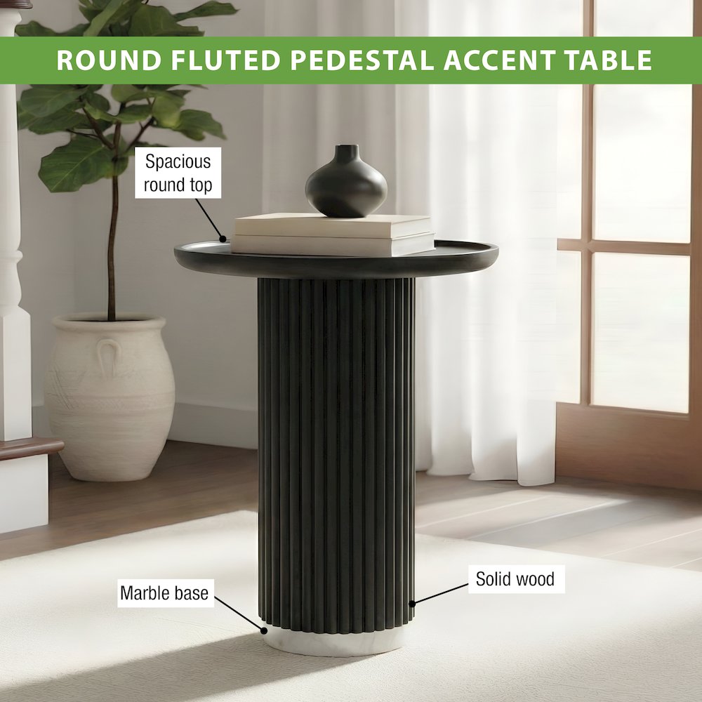 Round Solid Wood Pedestal Fluted Accent Table in Black Finish