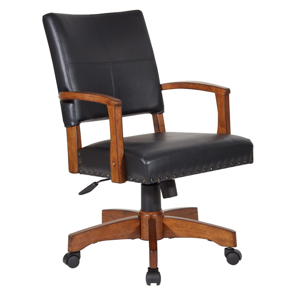Deluxe Wood Bankers Chair in Black Faux Leather with Antique Bronze Nailheads and Medium Brown Wood