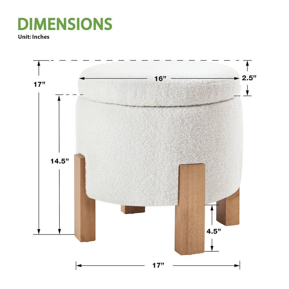 Annie Storage Ottoman in Ivory Sherpa Fabric with Natural Finish Legs