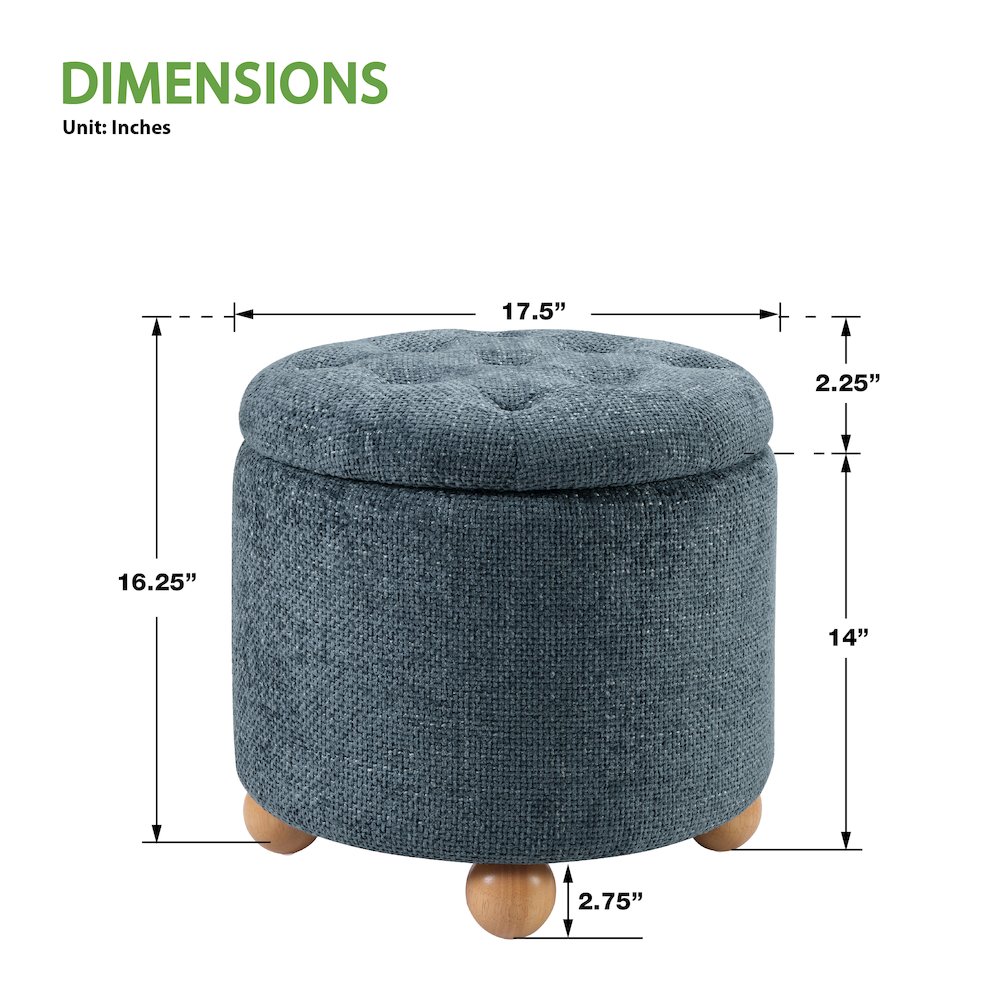 Naomi Storage Ottoman in Blue Fabric with Natural Round Wood Feet