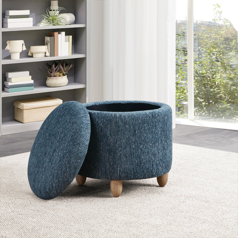Lyra Storage Ottoman in Atlantic Fabric with Medium Oak Legs