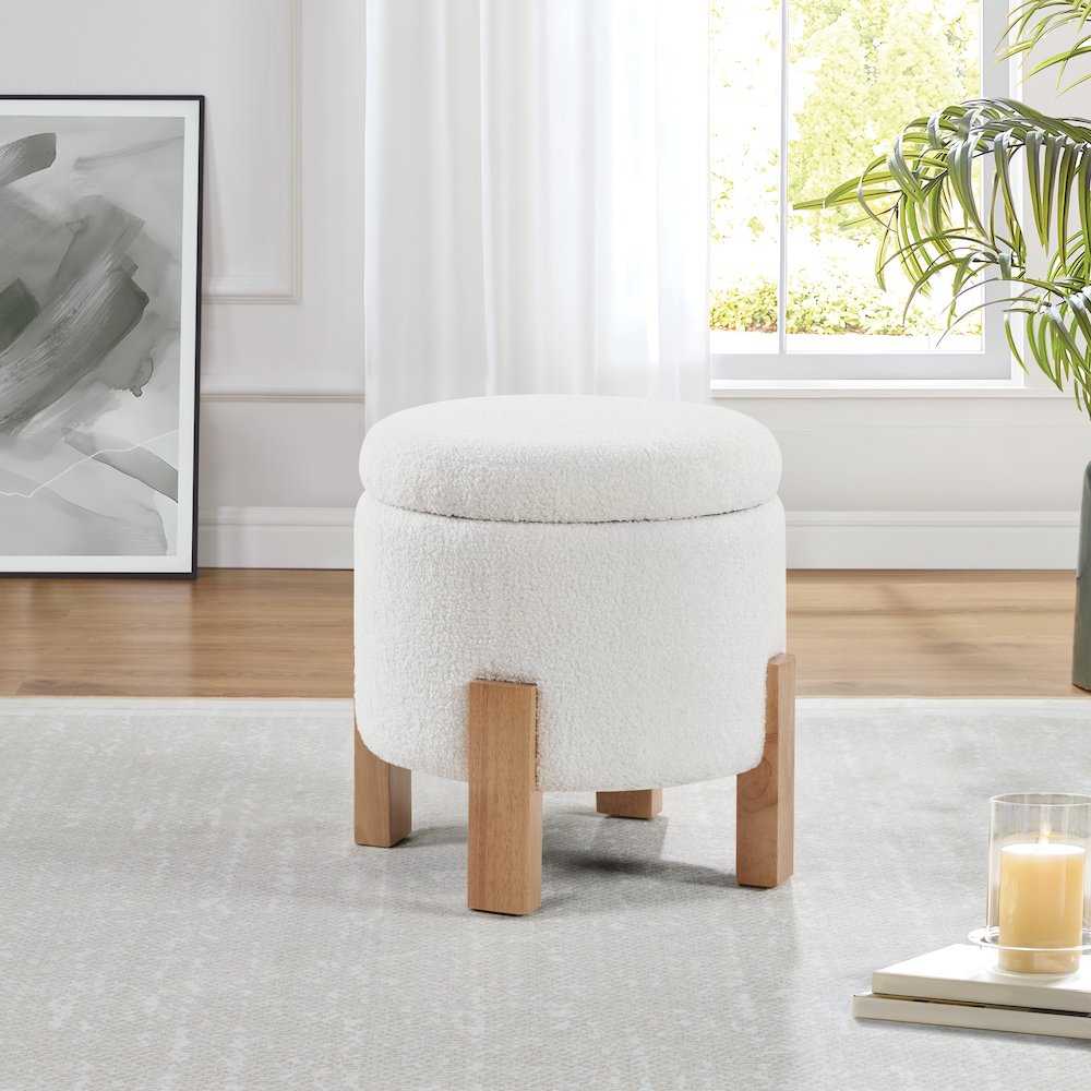 Annie Storage Ottoman in Ivory Sherpa Fabric with Natural Finish Legs