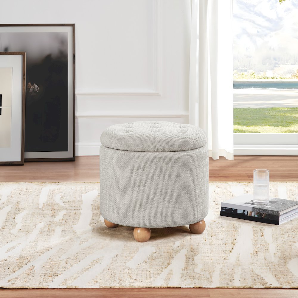 Naomi Storage Ottoman in Cream Fabric with Natural Round Wood Feet