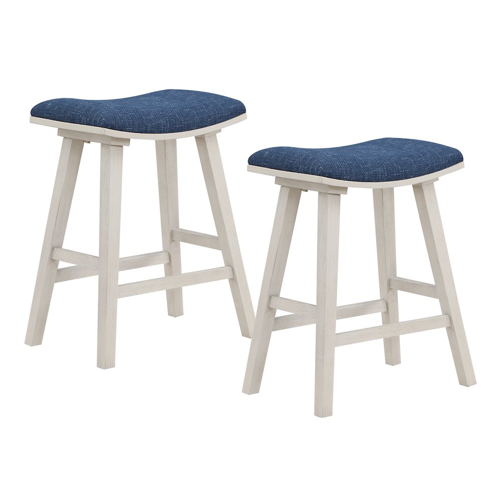 Coley 24″ Saddle Stool 2-Pack with Navy Fabric Seat and White Wash Frame