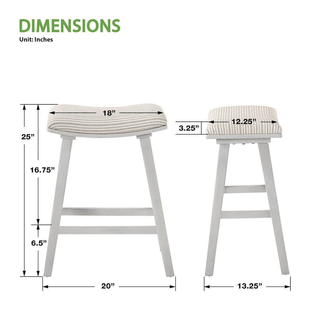 24″ Saddle Stool 2-Pack With Cream Pin Stripe Fabric Seat And White Wash Frame