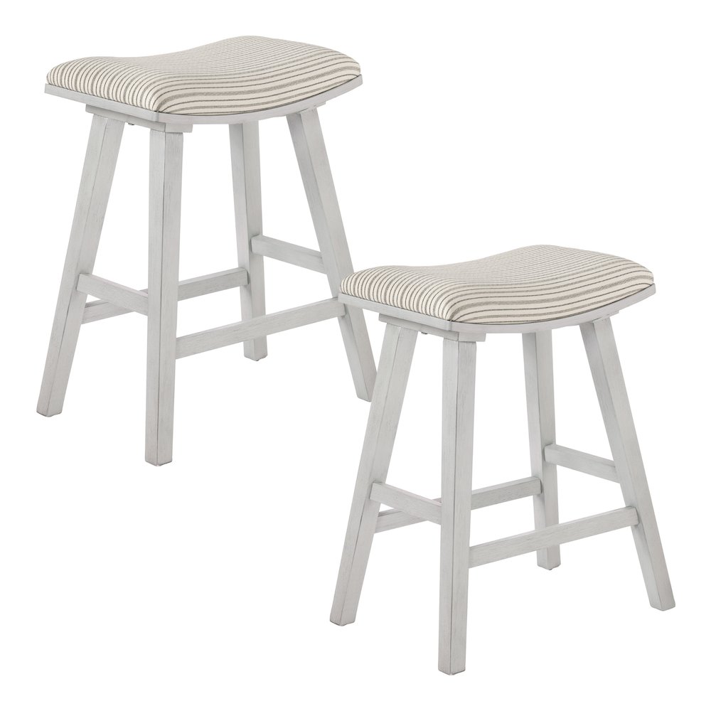 24″ Saddle Stool 2-Pack With Cream Pin Stripe Fabric Seat And White Wash Frame
