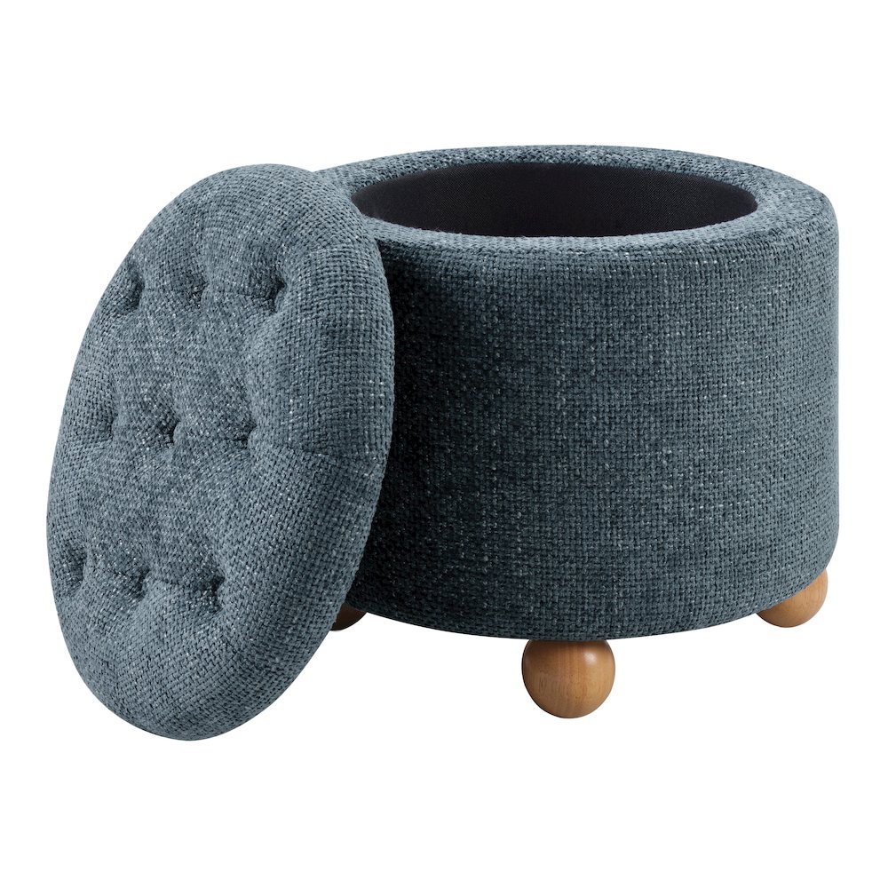Naomi Storage Ottoman in Blue Fabric with Natural Round Wood Feet