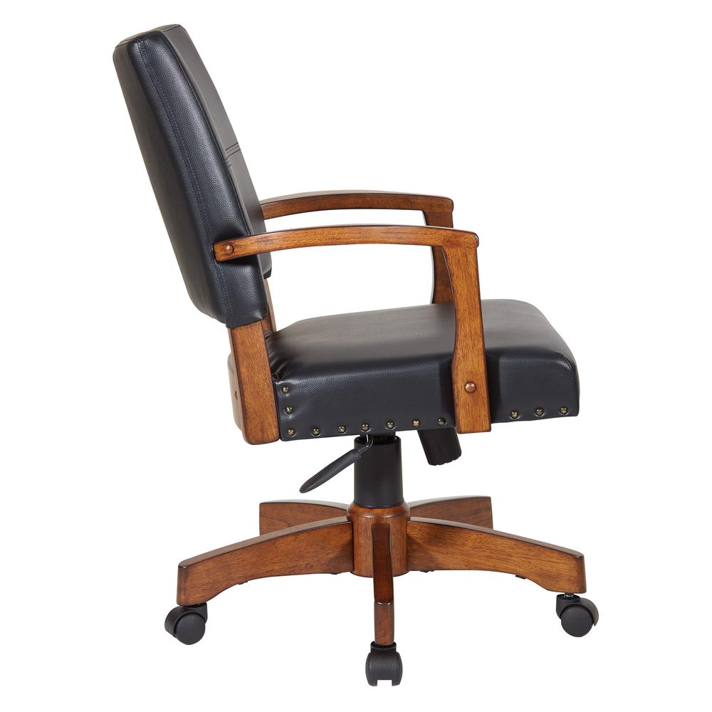 Deluxe Wood Bankers Chair in Black Faux Leather with Antique Bronze Nailheads and Medium Brown Wood