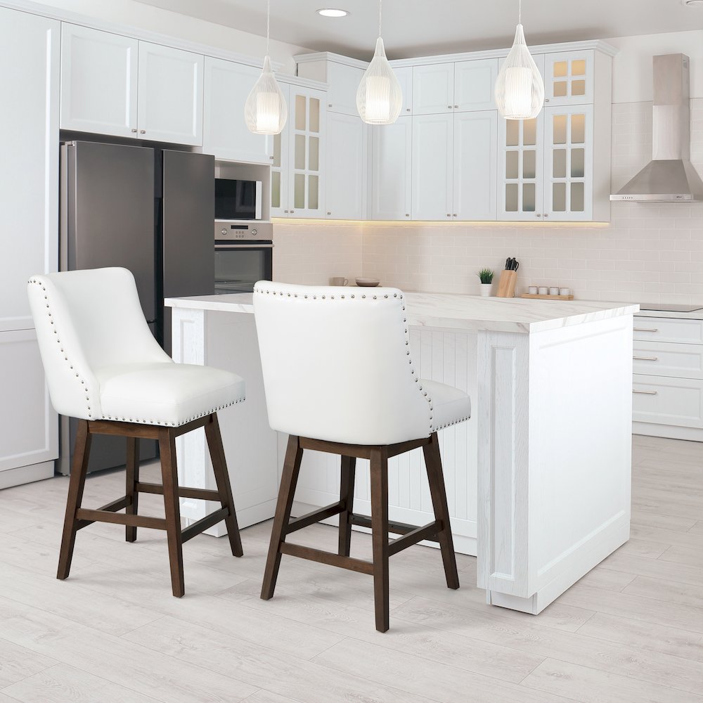 26″ Swivel Counter Stool 2 per Carton White Faux Leather with Dark Walnut Legs