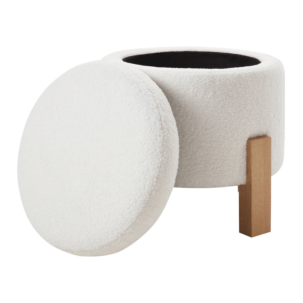 Annie Storage Ottoman in Ivory Sherpa Fabric with Natural Finish Legs