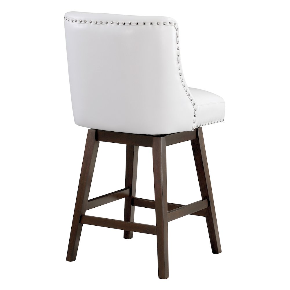 26″ Swivel Counter Stool 2 per Carton White Faux Leather with Dark Walnut Legs