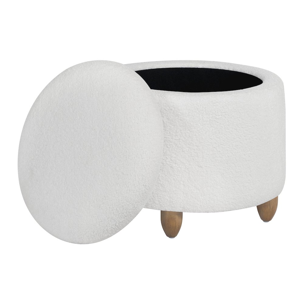 Lyra Storage Ottoman in Ivory Sherpa Fabric with Medium Oak Legs
