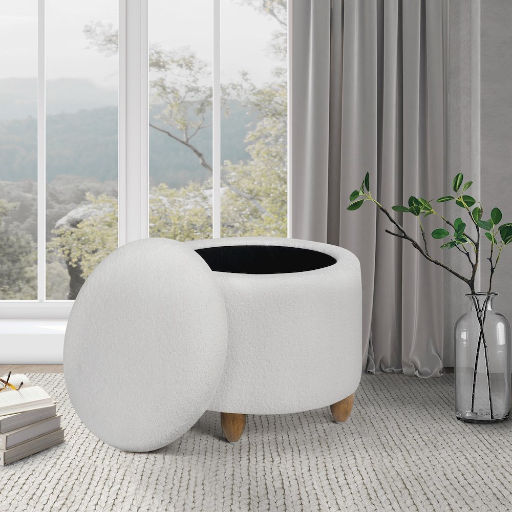 Lyra Storage Ottoman in Ivory Sherpa Fabric with Medium Oak Legs