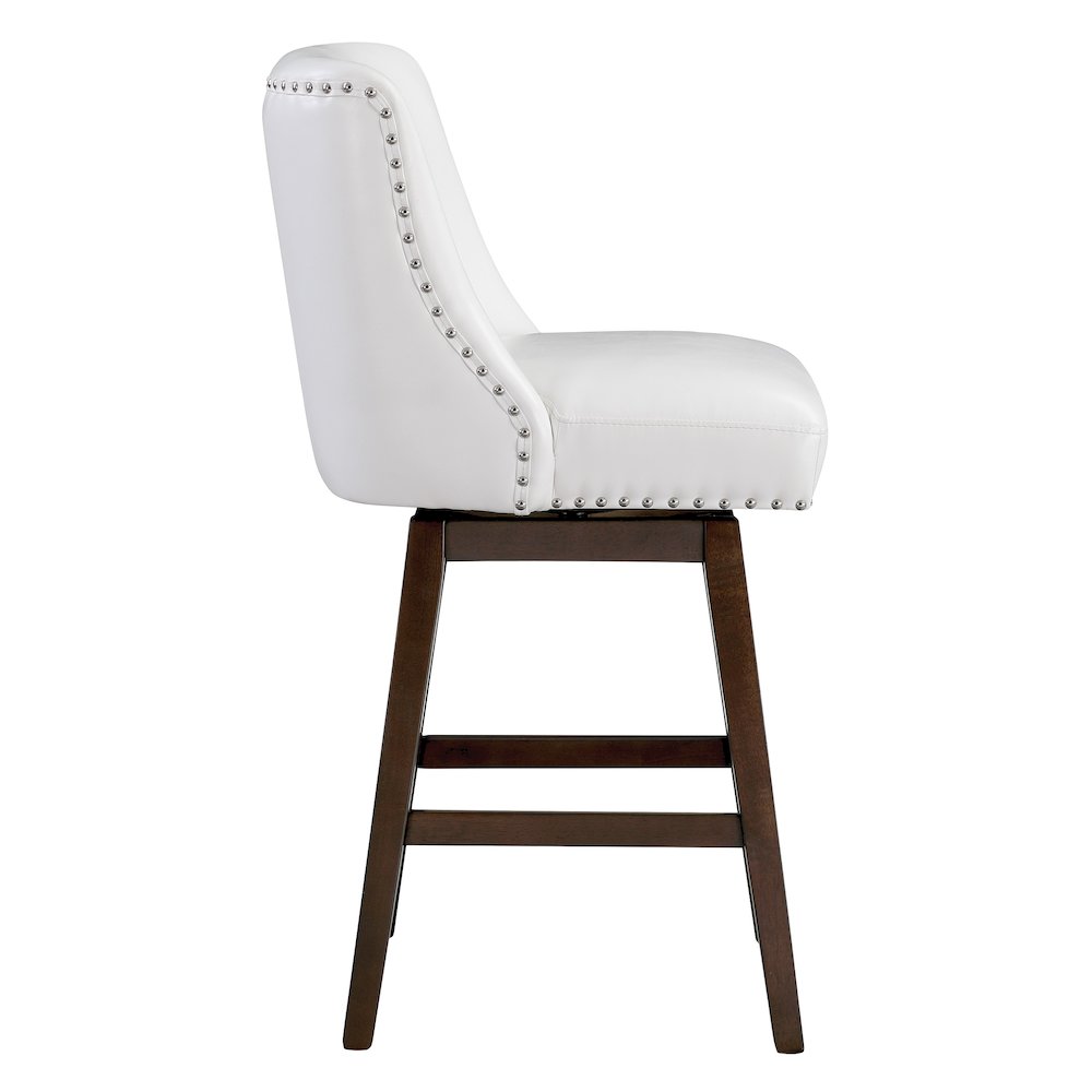26″ Swivel Counter Stool 2 per Carton White Faux Leather with Dark Walnut Legs