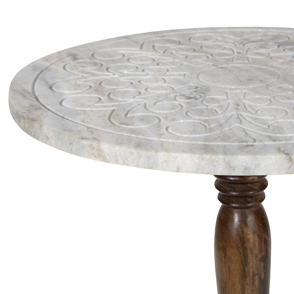 Carved White Marble Top Side Table with Solid Mango wood Base