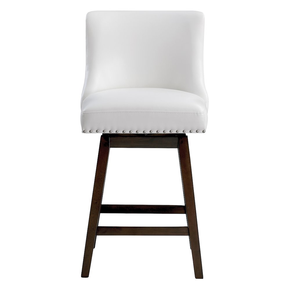 26″ Swivel Counter Stool 2 per Carton White Faux Leather with Dark Walnut Legs