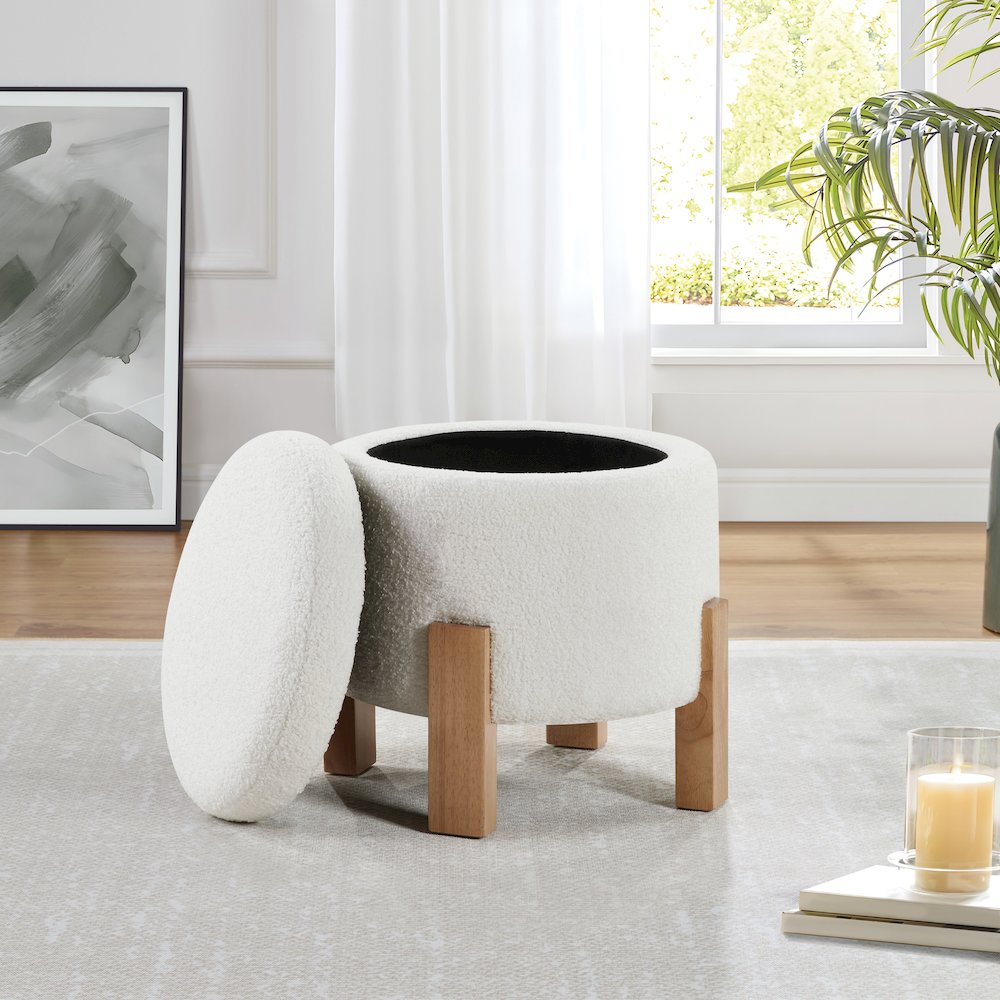 Annie Storage Ottoman in Ivory Sherpa Fabric with Natural Finish Legs