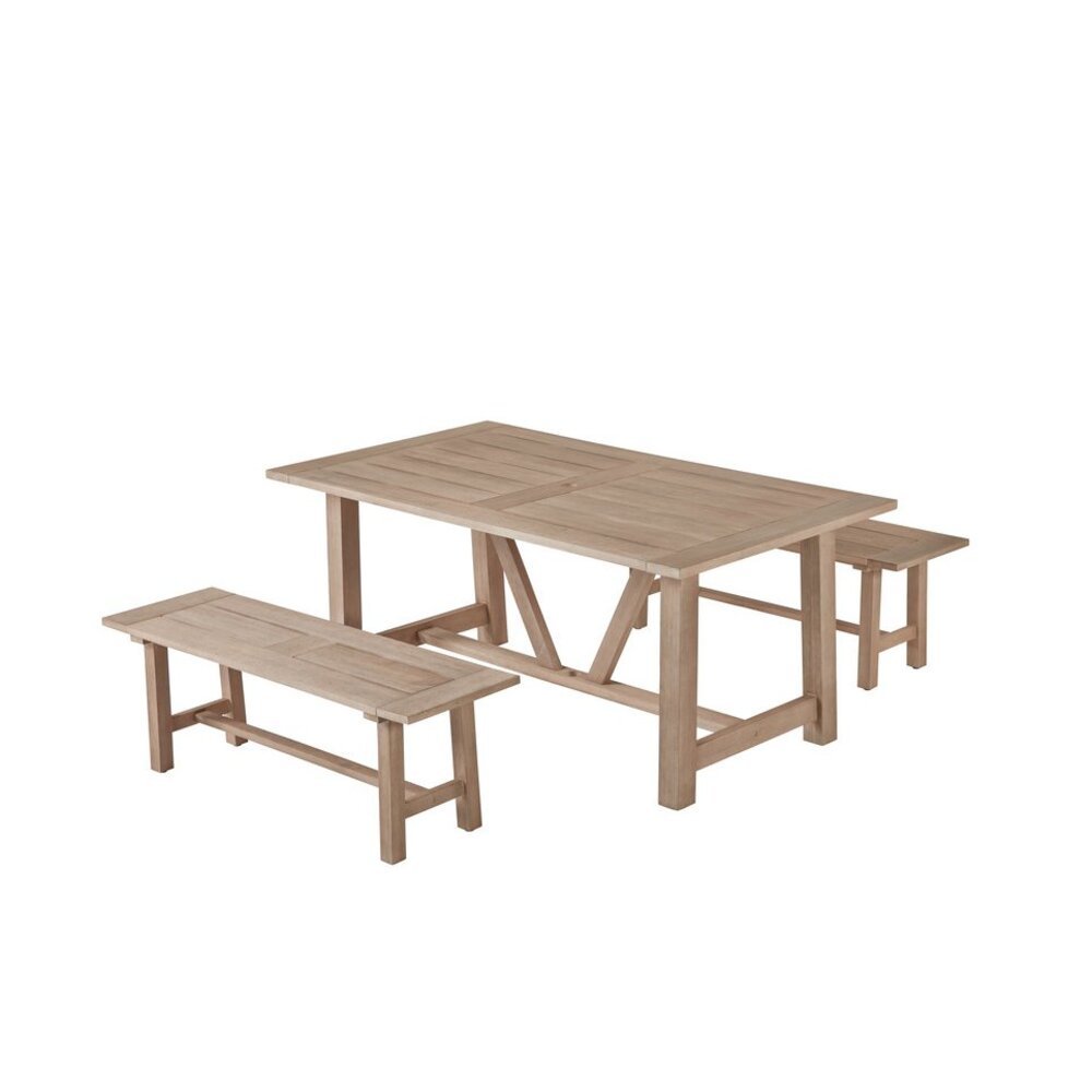 Rustic Light Oak Outdoor Dining Set – Acacia Wooden Table with 2 Wood Benches