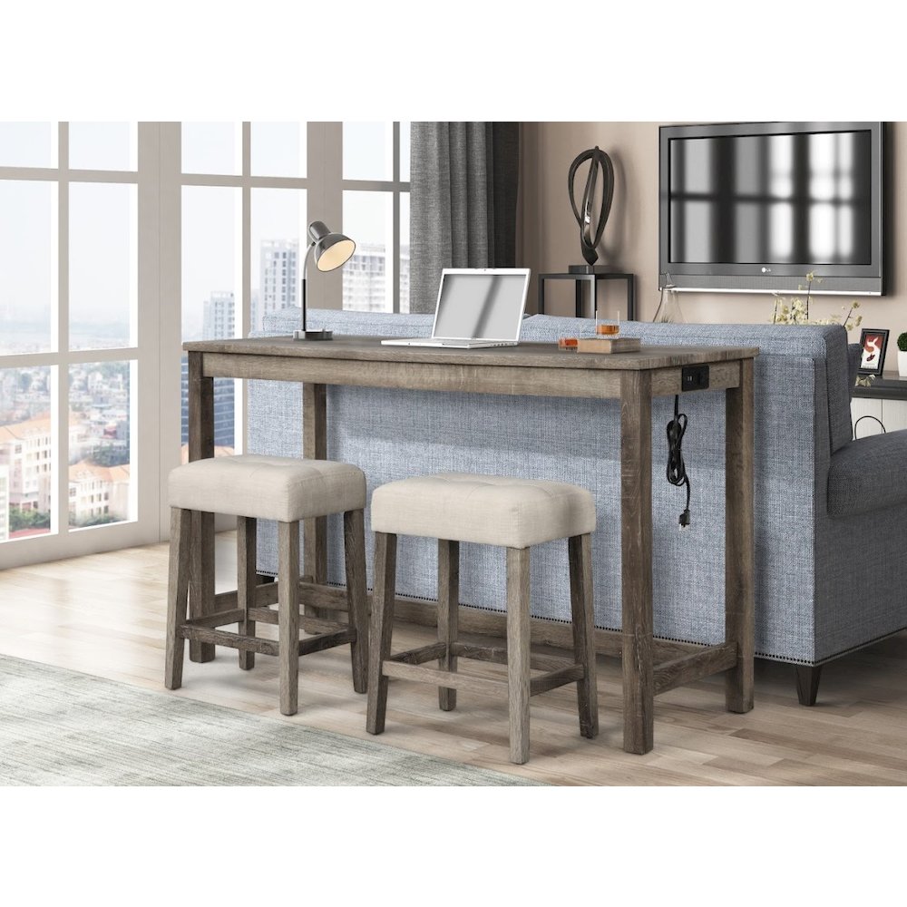 Yosef 60″ Antique Oak Rectangular Bar Table with 2 USB Ports/Electrical Outlet