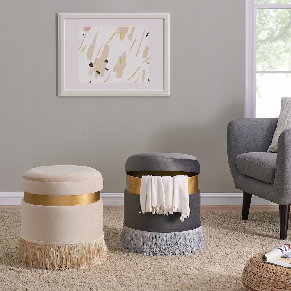 Suri Velvet Fringe Round Storage Ottoman