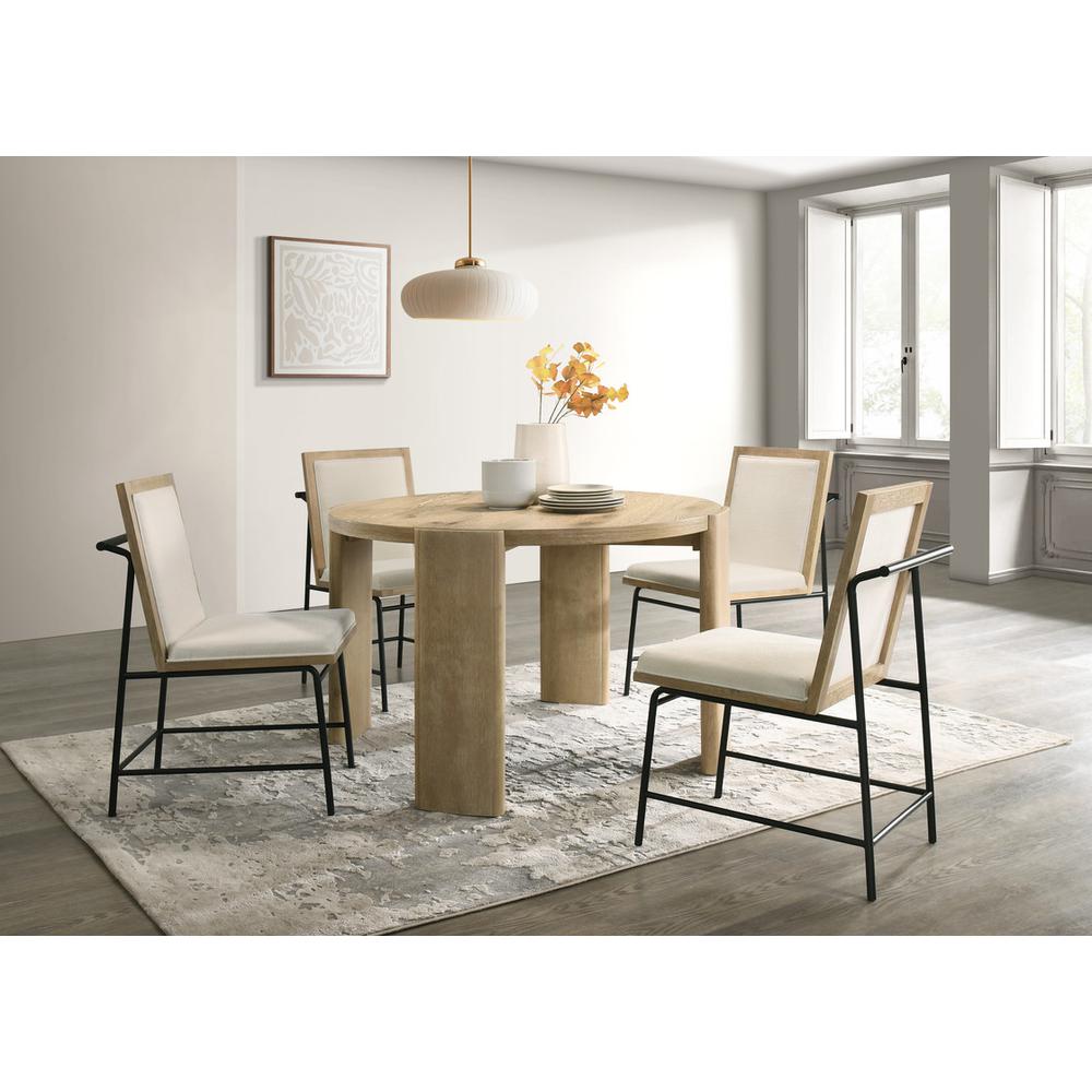Bowen Oak Finish 47″ Round Dining Table Set with Cream Color Upholstered Chairs