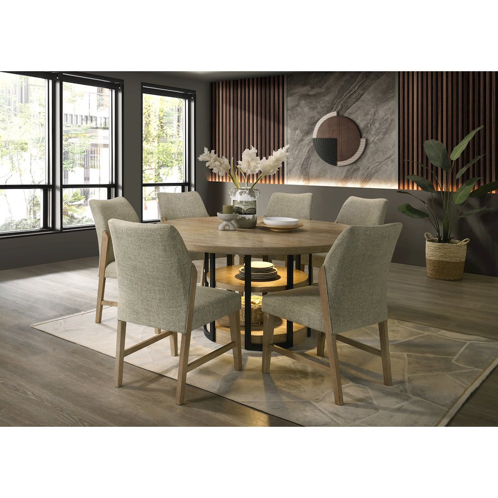 7Pc 59″ Round Rustic Oak Dining Set LED Light