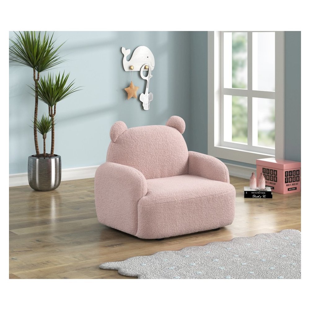 Raelynn 25.5″W Pink Sherpa Bear-Shaped Kids Armchair