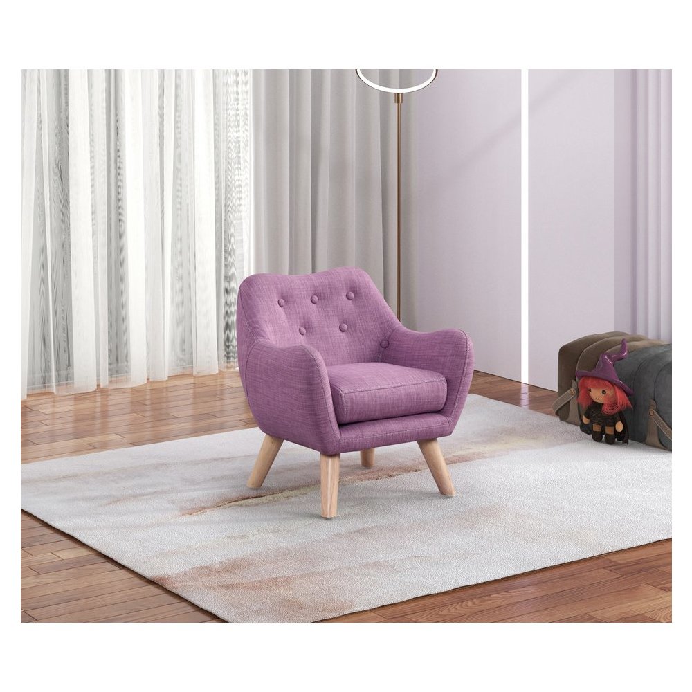 Fenix 19.5″W Pink Linen Kids Chair with Button Tufted Back and Wooden Legs