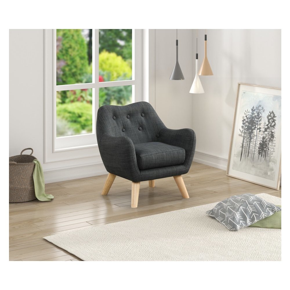 Fenix 19.5″W Gray Linen Kids Chair with Button Tufted Back and Wooden Legs
