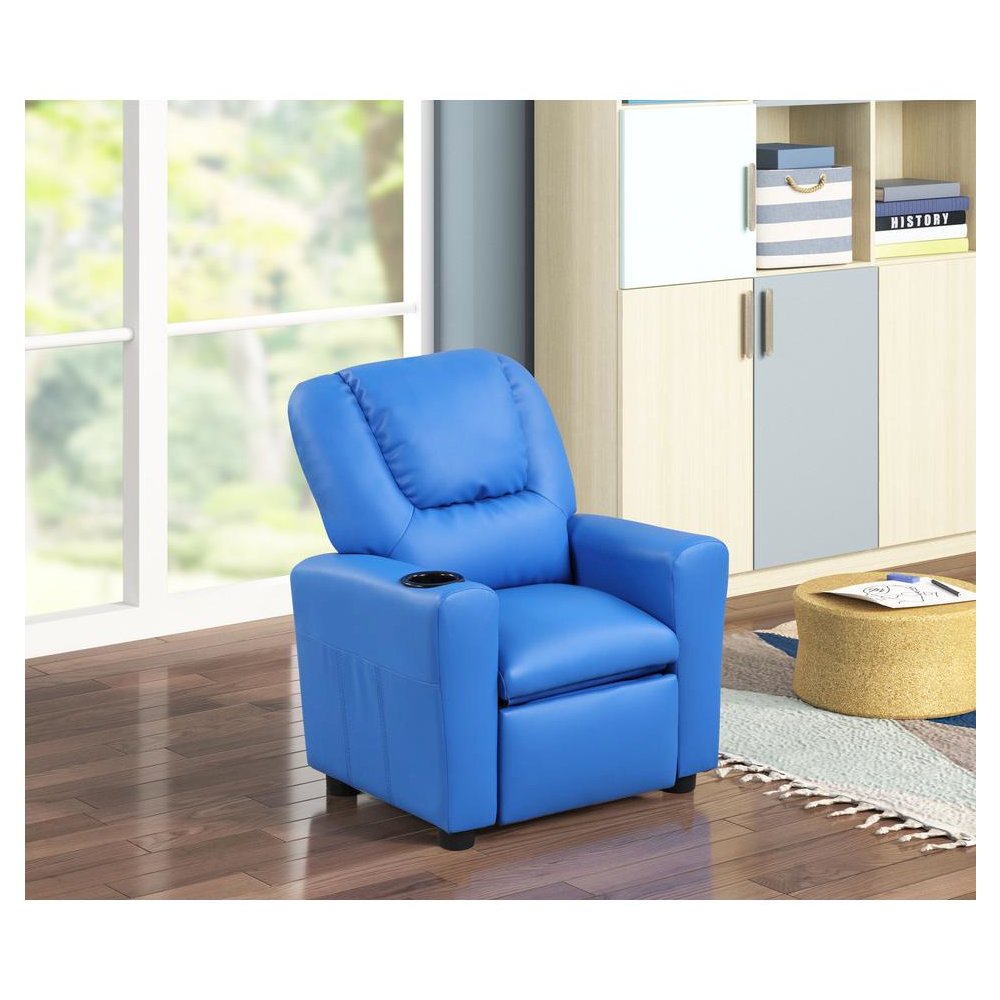 Marisa 23″W Blue PU Leather Kids Recliner Chair with Cupholder