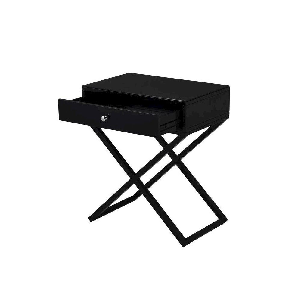 Koda Black Wooden End Side Table Nightstand with Glass Top
